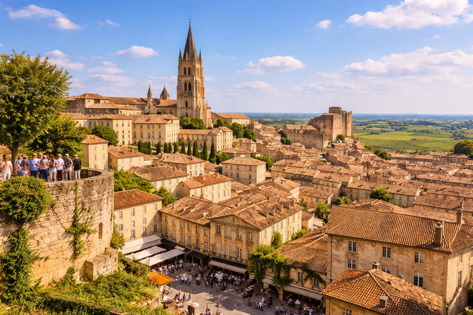 Vue aérienne de Saint-Émilion, village médiéval classé UNESCO en Gironde